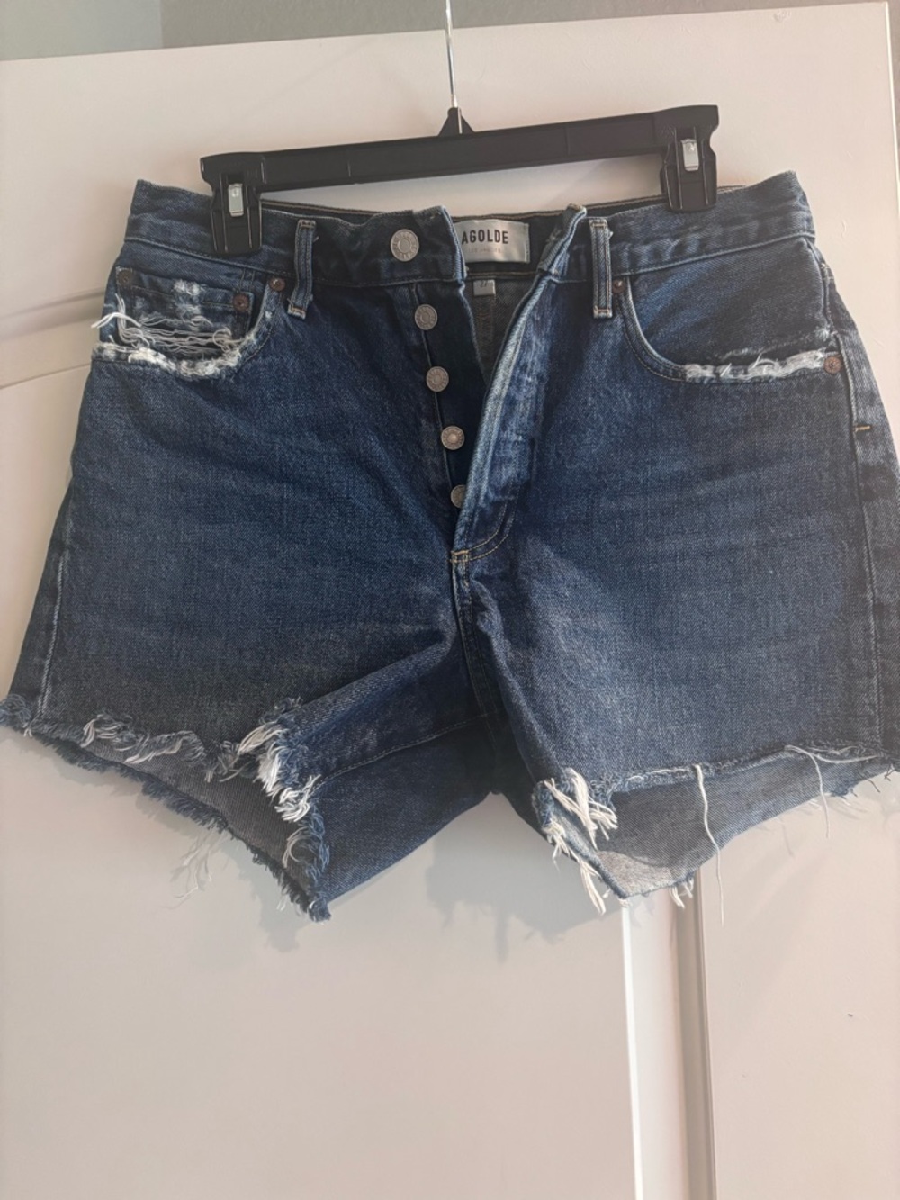 Agolde Dark Blue Distressed High-Rise Button-Fly Jean Shorts
